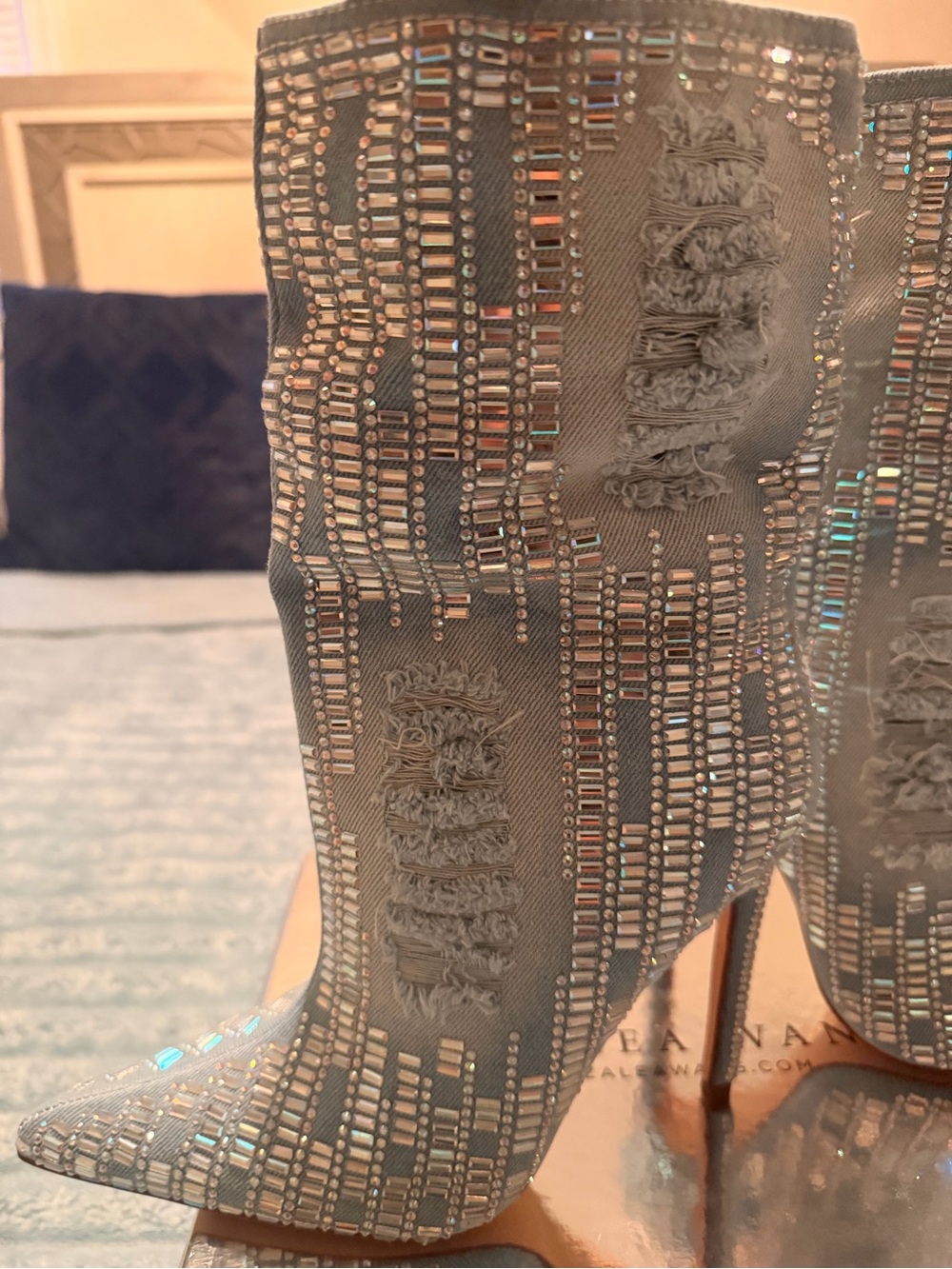 Azalea Wang Silver Embellished Pointed Blue Jean Stiletto Ankle Boots